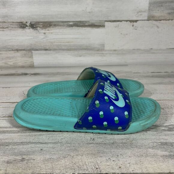 Nike Benassi JDI Slides Women's Slip On Sandals Blue Aqua Polka Dot House Size 7 - Picture 1 of 7